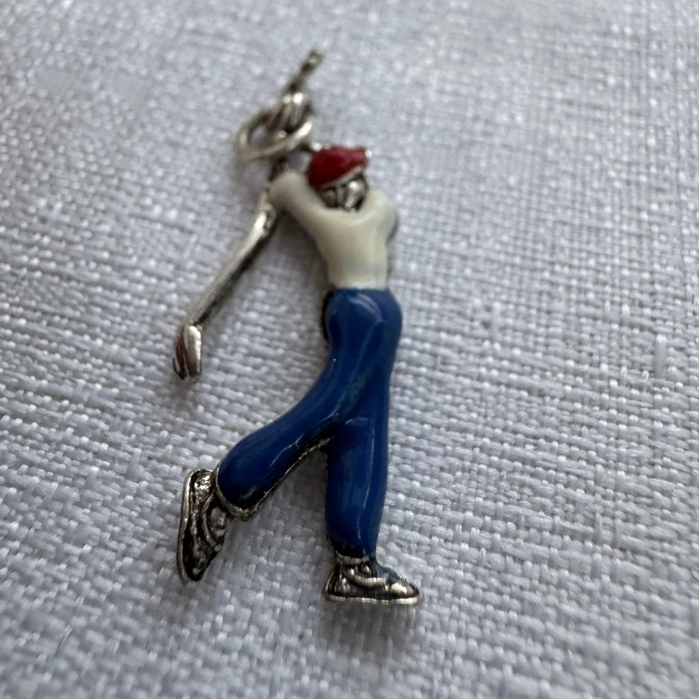 Vintage Golf Charm Pendant Silver Blue White Red Enamel Male Golfer Sporty Y2K